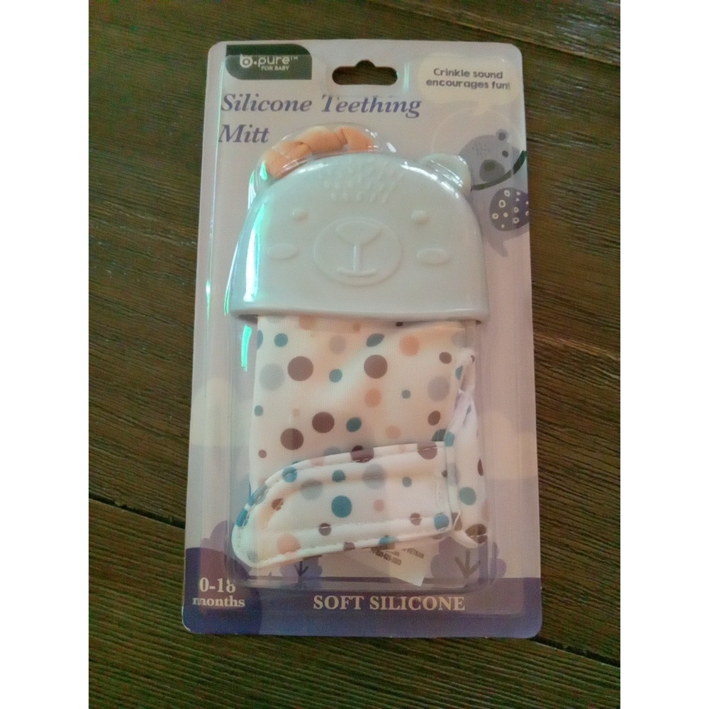 b-Pure for baby Silicone Teething Mitten, 0-18 Months, Blue/White NIP